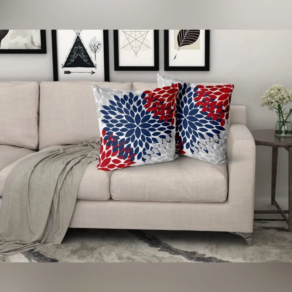 Decorative Floral Burst Accent Pillow - Navy, Red & Gray